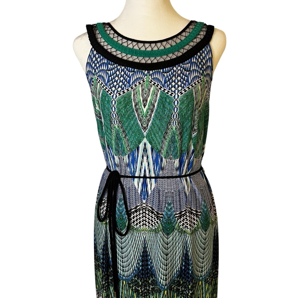 Blue/Green/Black Geometric Design Maxi Dress with Unique Mesh Neckline Size 10